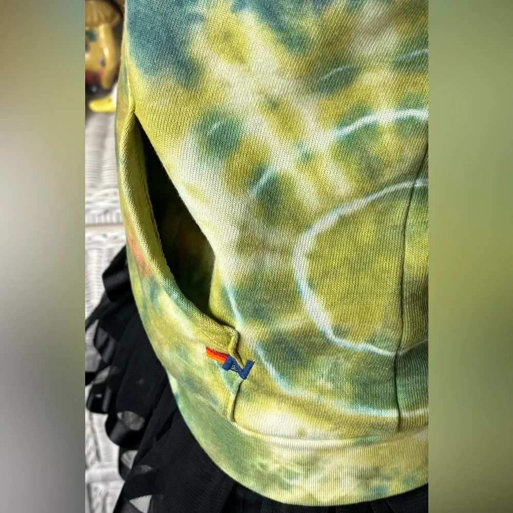 Aviator Nation Junior Kids Zipper Hoodie Tie Dye in Lime Yellow Unisex Size 14